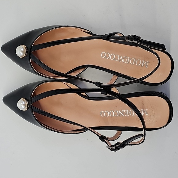 Modencoco Black Patent Leather Pointed Toe Low Block Heel w Pearl Accent Sz:8.5 - Picture 8 of 10